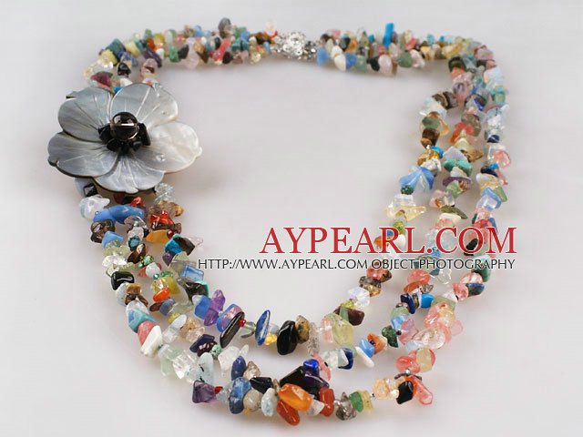 gorgeous three strand multi color stone chips necklace with shell flower