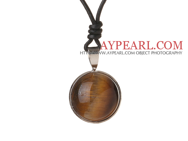 Simple Fashion Style Tiger Eye Pendant Necklace With Black Leather