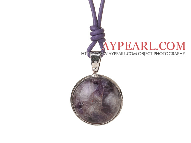 Simple Fashion Style Purple Stone Pendant Necklace With Purple Leather