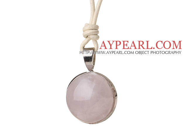Simple Fashion Style Rose Quartz Pendant Necklace With Light Color Leather