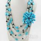 Big Style Multi Strand Pearl och Blue Turquoise Flower halsband