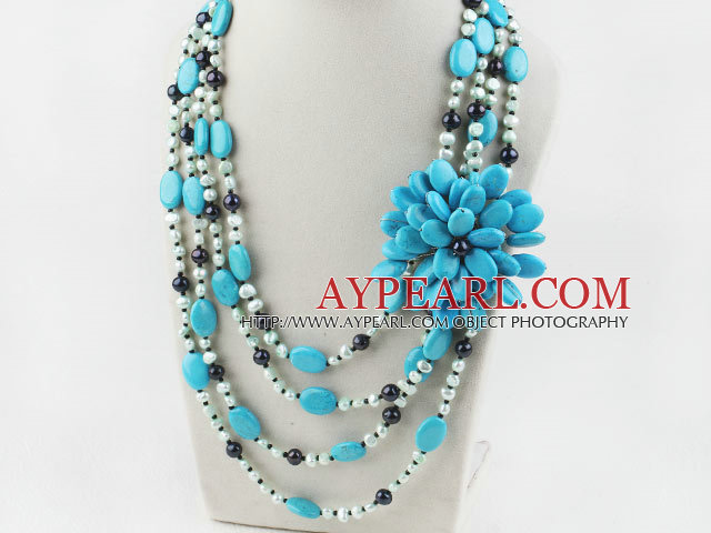 Big Style Multi Strand Pearl och Blue Turquoise Flower halsband