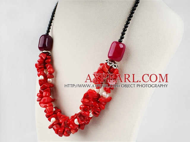 red coral white pearl and agate beaded necklace