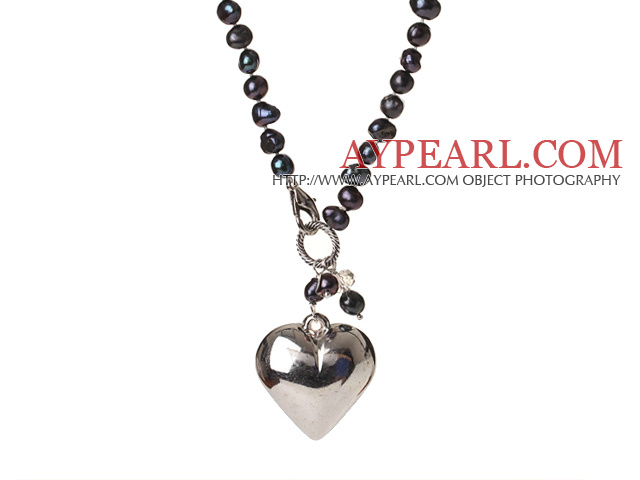 Trendy Elegant Natural Black Potato Shape Pearl hjerte form anheng halskjede