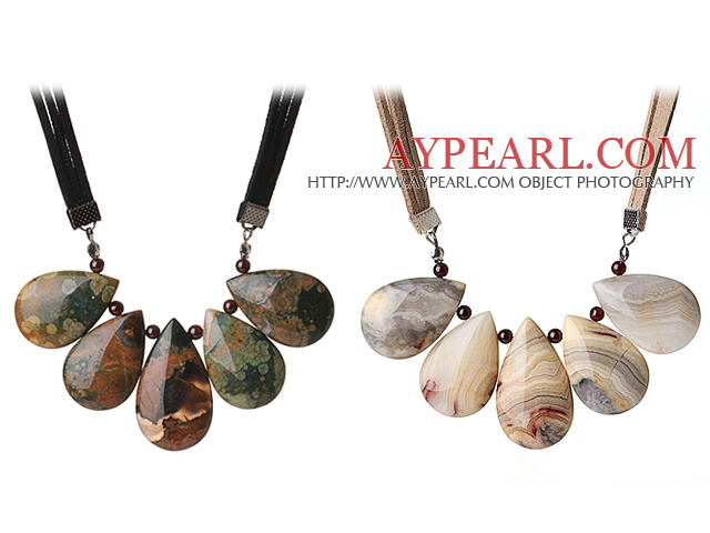 2 pcs Fantastic Drop Shape Crazy Agate and Peacock Stone Leather Necklace with Extendable Chain