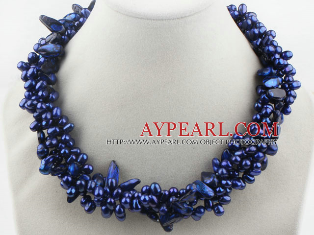 Multi brins de perles d'eau douce foncé Bleu et dents Shape Dark Blue Pearl Necklace Twisted