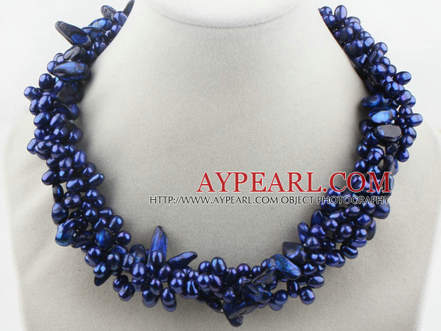 Multi Strands Dark Blue Freshwater Pearl and Teeth Shape Dark Blue Pearl Twisted Necklace