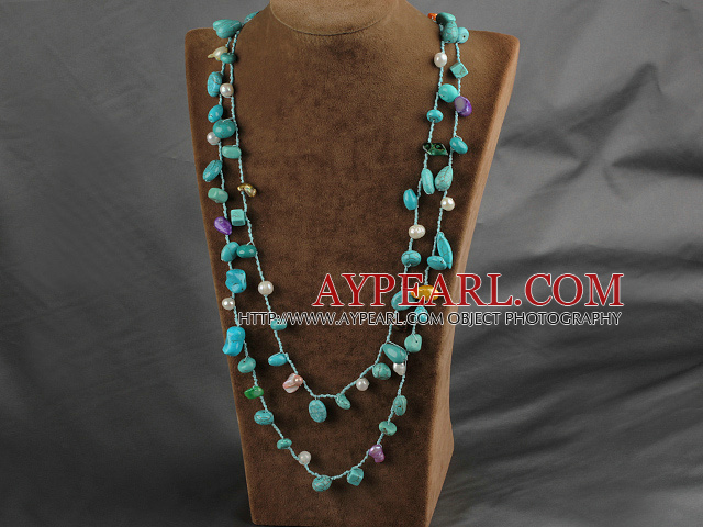 Long Style Green Series Freshwater Pearl and Turquoise Necklace ( Can also be bracelet )