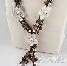 smoky quartze white pearl and shell flower necklace with jade clasp