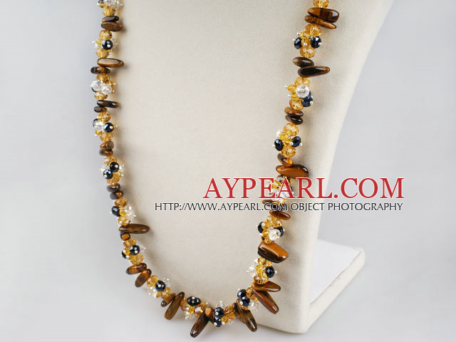 Fashion Multi Czech Crystal And Tiger Eye Teeth Long Strand Necklace