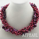 Multi Strands ensfargede Rød Freshwater Pearl og tenner Shape Purple Pearl Twisted halskjede