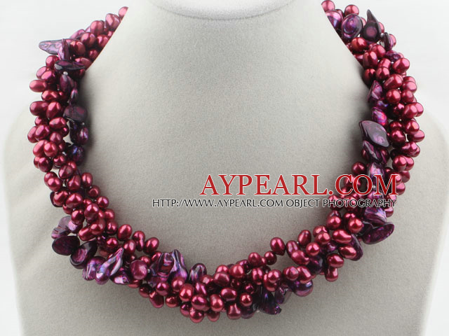 Multi brins teints perles d'eau douce pourpre Rouge et Violet Perle Dents Forme Twisted collier