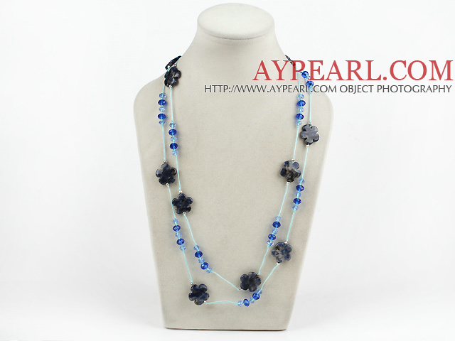 синий кристалл и содалит цветок бисером длинное ожерелье стиль