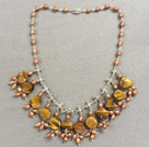 Popular New Design Brown Series Natural Pearl Flat Round Tiger Eye Stone Bib Necklace With Small Alloyed Chinese Knot