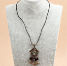 Simple Retro Style Garnet Green Piebald Stone Beads Tassel Pendant Necklace With Black Leather