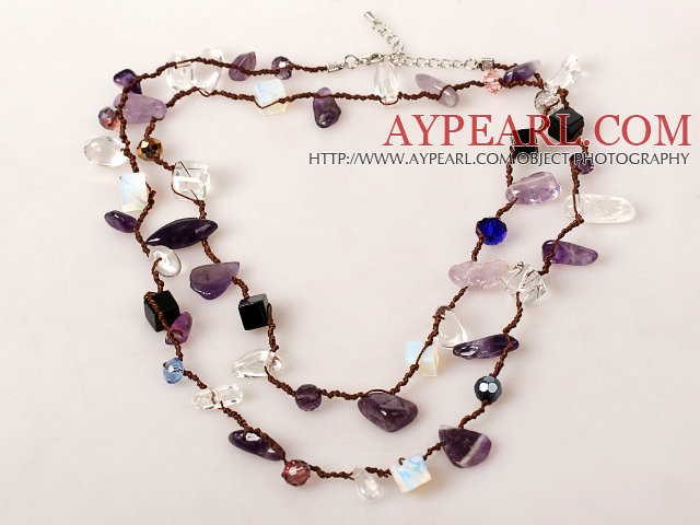 Long Style Amethyst and Opal Stone and Clear Crystal and Black Agate Hand Knotted Necklace