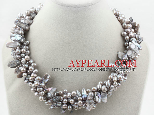 Multi Strands Gray Freshwater Pearl and Teeth Shape Gray Pearl Twisted Necklace
