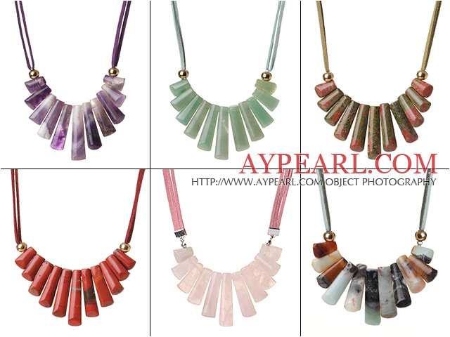 6 pcs Fantastic Fan Shape Multi Color Multi Stone Leather Necklace with Lobster Clasp