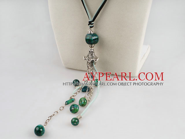 Fashion Long Chain Loop Phoenix Stone Pendant Necklace With Double Color Cords