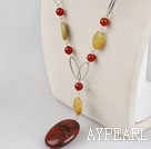 metal loops red agate and three color jade necklace