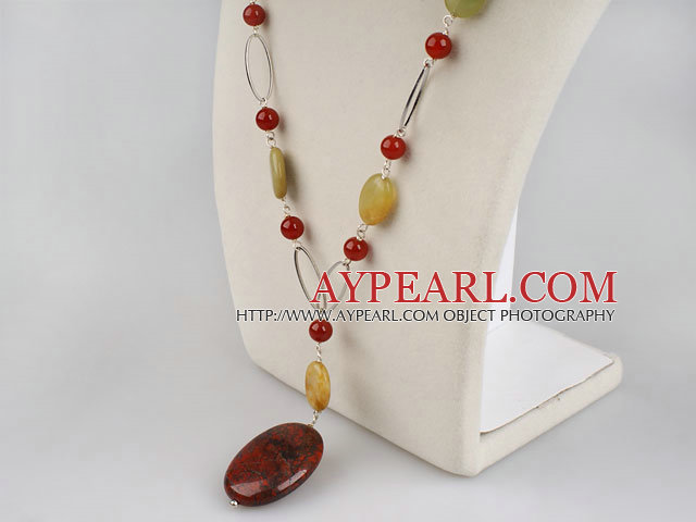 metal loops red agate and three color jade necklace