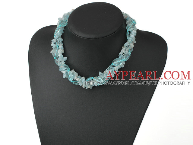 Elegant Aquamarine Chips And Large Blue Oval Crystal Twisted Strands Necklace With Moonight Clasp