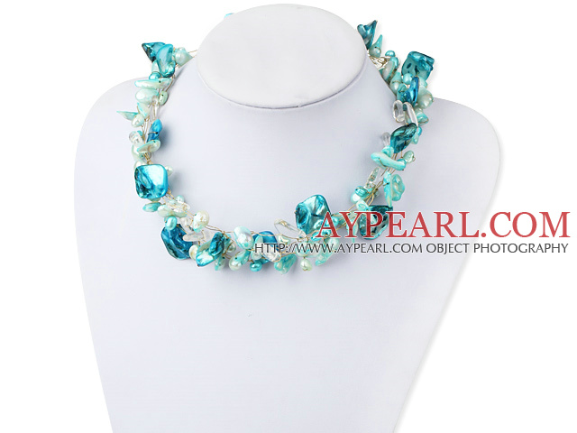 Lovely Aquamarine Blue Blister Pearl And Shell Crystal Golden Wired Necklace With Moonight Clasp