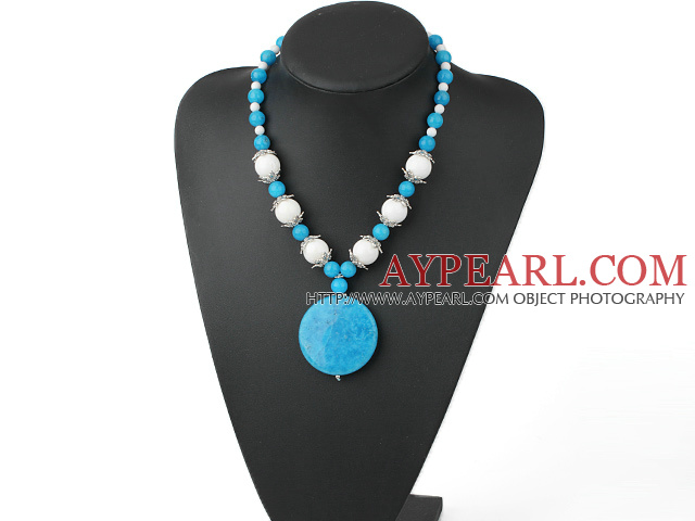 Fashion White Round Porcelain And Round Cyanite Pendant Necklace With S Clasp Extendable Chain
