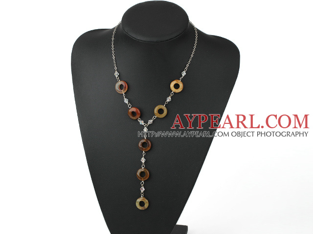 Beautiful Donut Shape 3-Color Jade And Clear Crystal Loop Chain Pendant Necklace