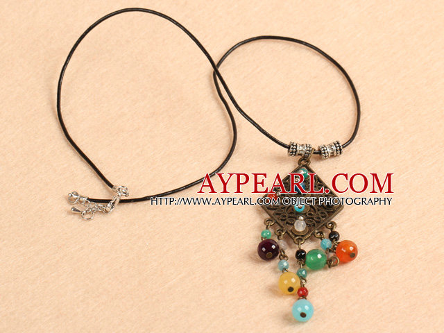 Simple Retro Style Multi Color Agate Beads Tassel Pendant Necklace With Black Leather