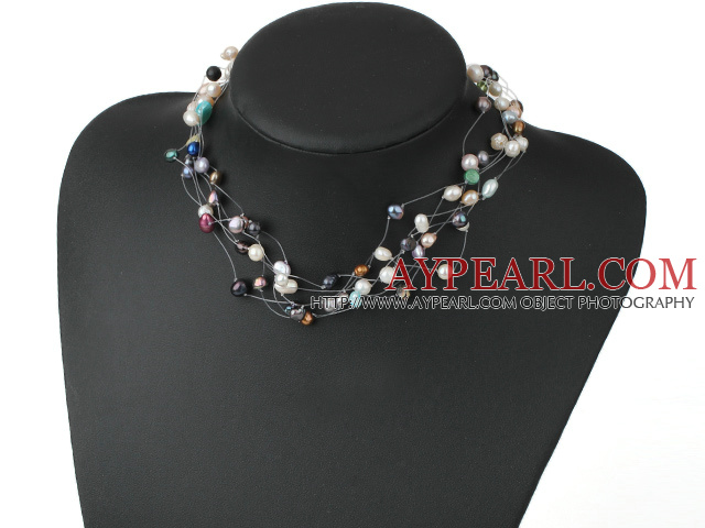 Fashion Multi Strand Mixed Color And Shape Freshwater Pearl Strings Necklace With Toggle Clasp