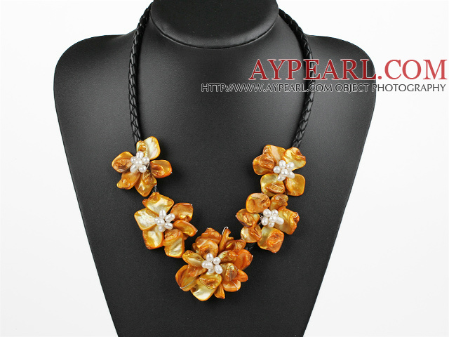 Elegant Golden Shell And White Freshwater Pearl 5 Flower Necklace With Black Twisted Leather Cords