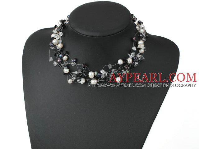 Multi Strand White And Black Pearl Chipped Stone And Crystal Strings Necklace