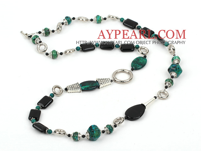 Fashion Long Style Black Rectangle Agate And Phoenix Stone Multi Metal Charm Strand Necklace