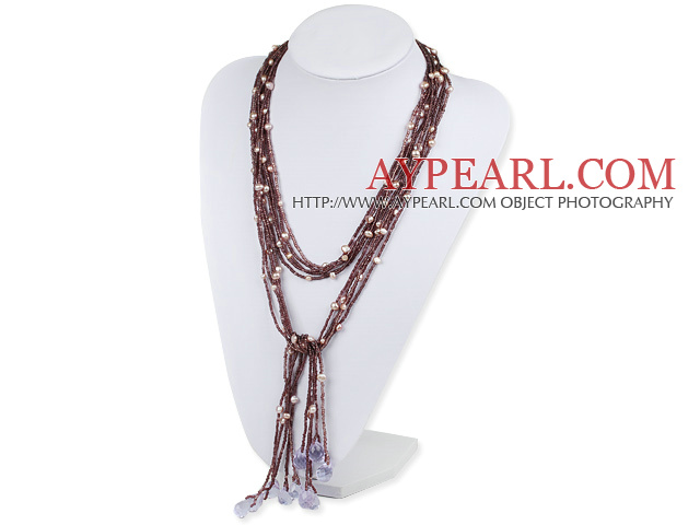 Purple Crystal and Pearl Knot Tassel Necklace