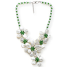 White and Green Series Opal Crystal and White Lip Shell Flower Party Necklace