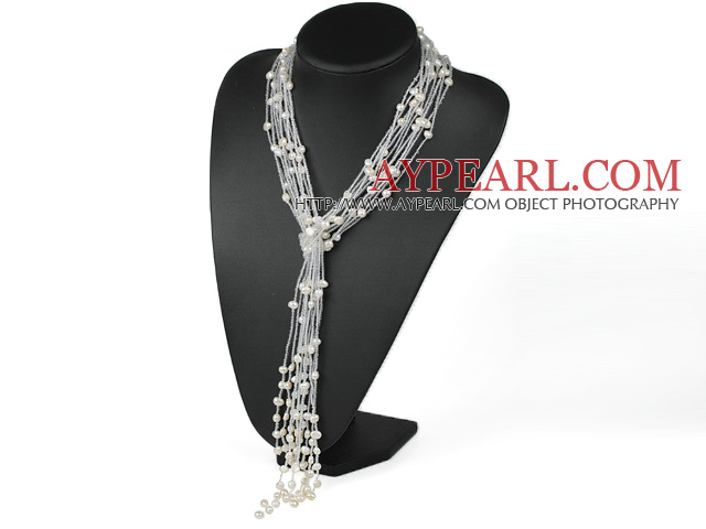 Multi Strand White Freshwater Pearl and Glass Beads Knot Tassel Necklace