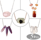 5 pcs Simple Design Agate and Crystal Pendant Necklace with Alloyed Thin Chain (random shape for stones)