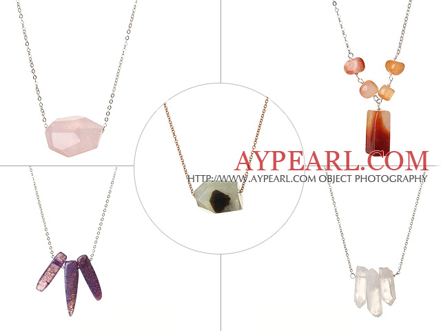 5 pcs Simple Design Agate and Crystal Pendant Necklace with Alloyed Thin Chain (random shape for stones)