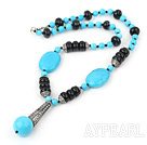 Fashion Blue Turquoise And Black Abacus Shape Agate Metal Charm Pendant Necklace