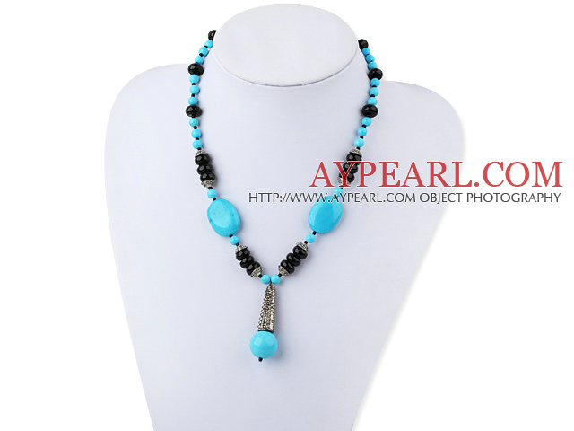 Fashion Blue Turquoise And Black Abacus Shape Agate Metal Charm Pendant Necklace