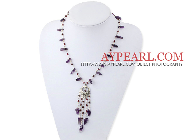 Fashion Teeth Amethyst And Garnet Vintage Earring Pendant Y Shape Necklace With Extendable Chain
