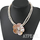 Fashion 6-7Mm 2-Strand White Freshwater Pearl Crystal And Shell Flower Necklace