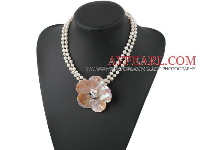 Fashion 6-7Mm 2-Strand White Freshwater Pearl Crystal And Shell Flower Necklace