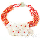 Multi Strand Red Round And Orange Teeth Shape Coral And White Shell Flower Necklace With Donut Jade Clasp