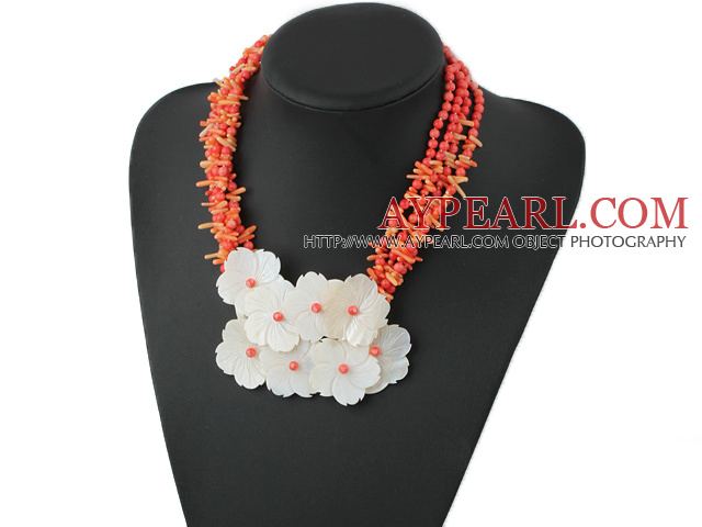 Multi Strand Red Round And Orange Teeth Shape Coral And White Shell Flower Necklace With Donut Jade Clasp