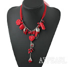 Fashion Red Cinnaba And Coral Pendant Charm Necklace With Nice Red Ribbon