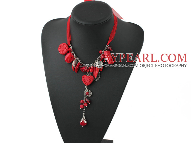 Fashion Red Cinnaba And Coral Pendant Charm Necklace With Nice Red Ribbon