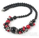 Fashion Round Black Agate And Red Alaqueca Metal Flower Charm Beaded Necklace