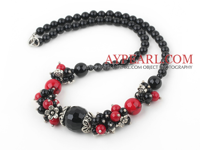 Fashion Round Black Agate And Red Alaqueca Metal Flower Charm Beaded Necklace